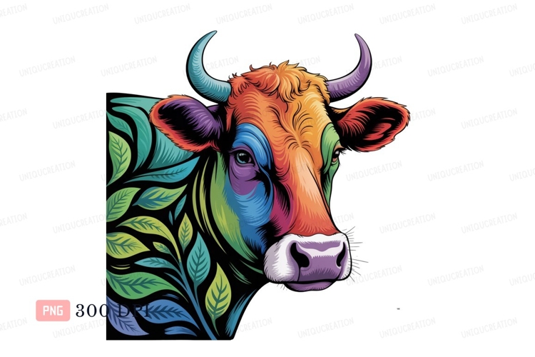 Colorful cow with leaves Clipart P N G nature animal