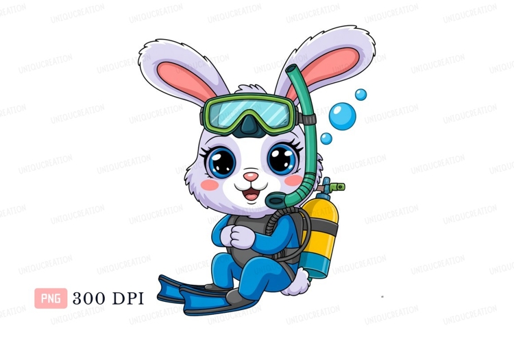 Cute bunny diver with snorkel and tank rabbit snorkeling example image 1