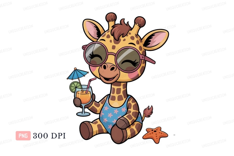 Cute giraffe with sunglasses and cocktail animal cartoon