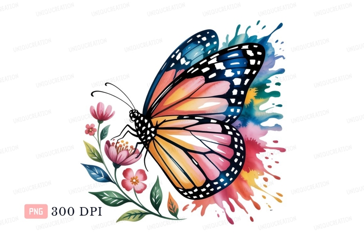 Colorful butterfly with floral elements and paint splashes