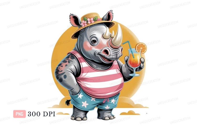 Rhino wearing straw hat and holding cocktail flowers