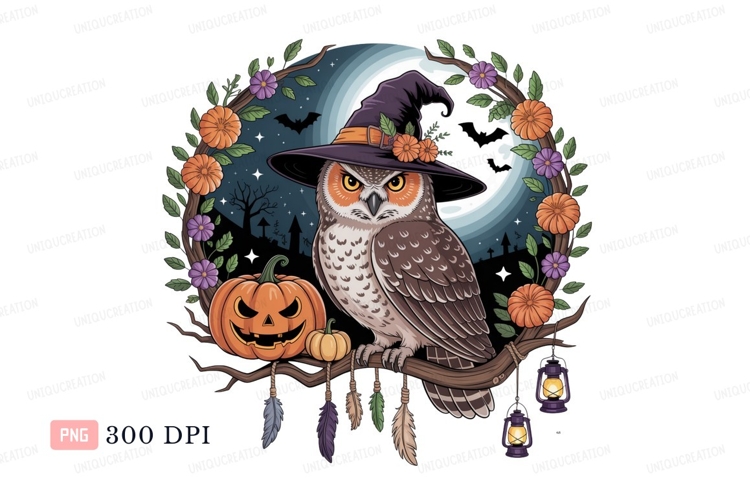 Owl wearing witch hat with pumpkins and lanterns image