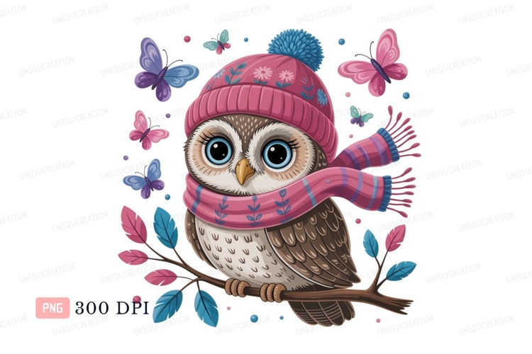 Cute owl wearing pink hat and scarf bird animal example image 1