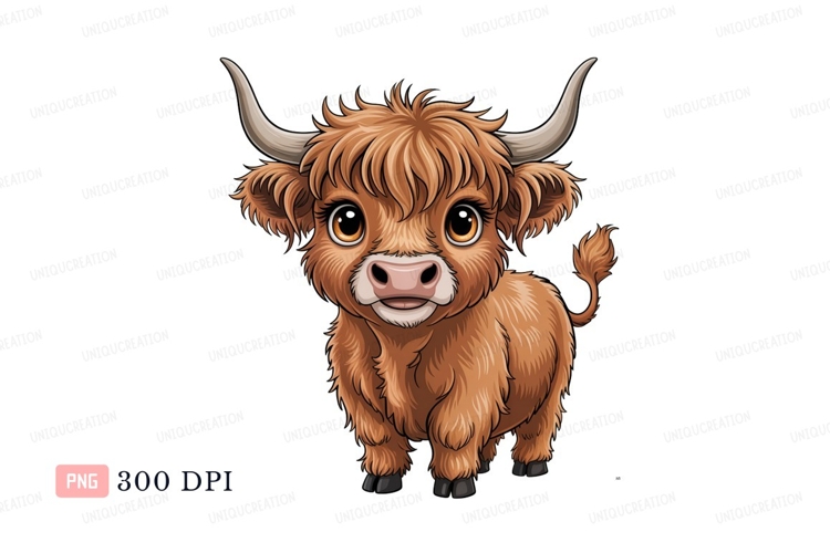 Fluffy brown cow with big eyes horns example image 1
