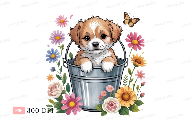 Adorable puppy in bucket surrounded by flowers butterfly example image 1
