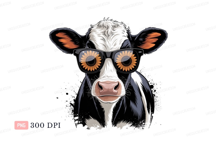 Cow wearing sunglasses with sunflowers animal eyes