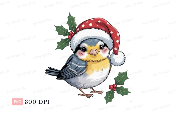 Cute bird wearing christmas hat holly