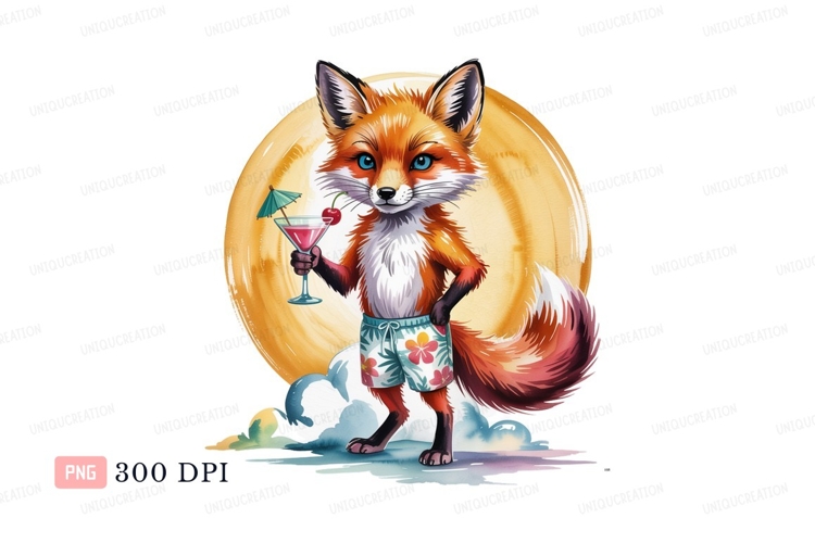 Anthropomorphic fox with tropical drink cocktail cherry