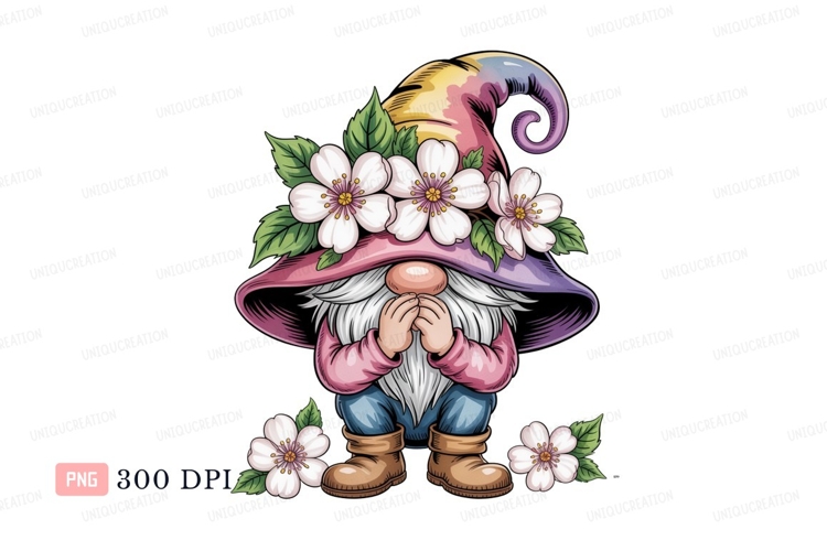 Gnome wearing flowers and hat pink blue