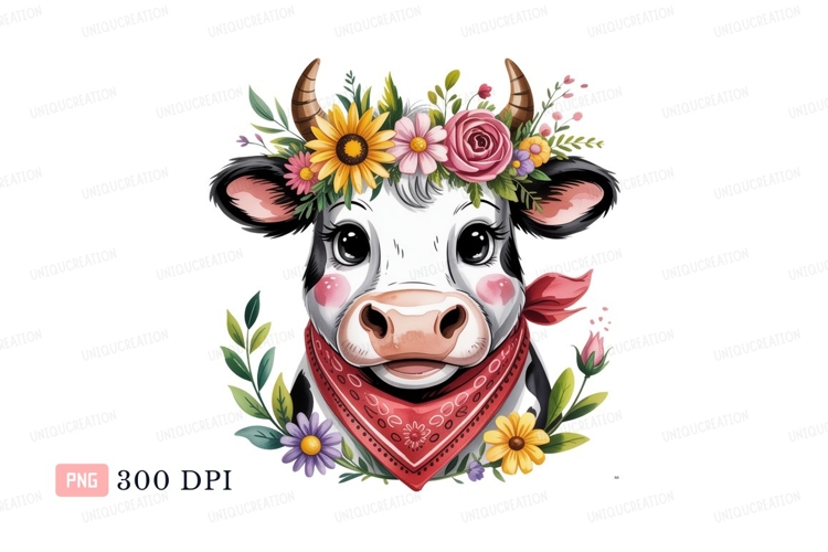 Adorable cow wearing floral crown and bandana animal