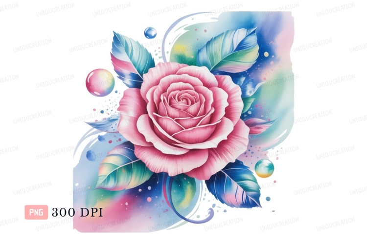 Pink rose with colorful leaves and bubbles flower blue