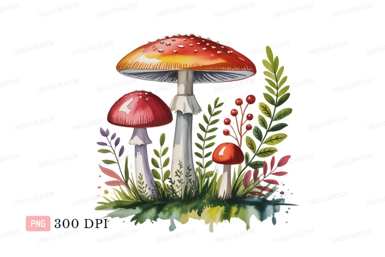 Red white spotted mushrooms green foliage image