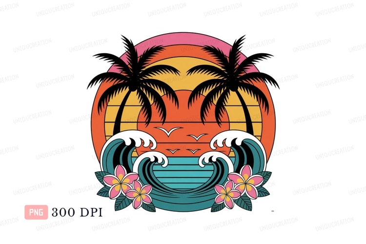 Tropical sunset ocean waves palm trees image