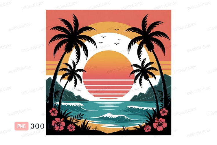 Tropical sunset ocean palm trees palms hibiscus