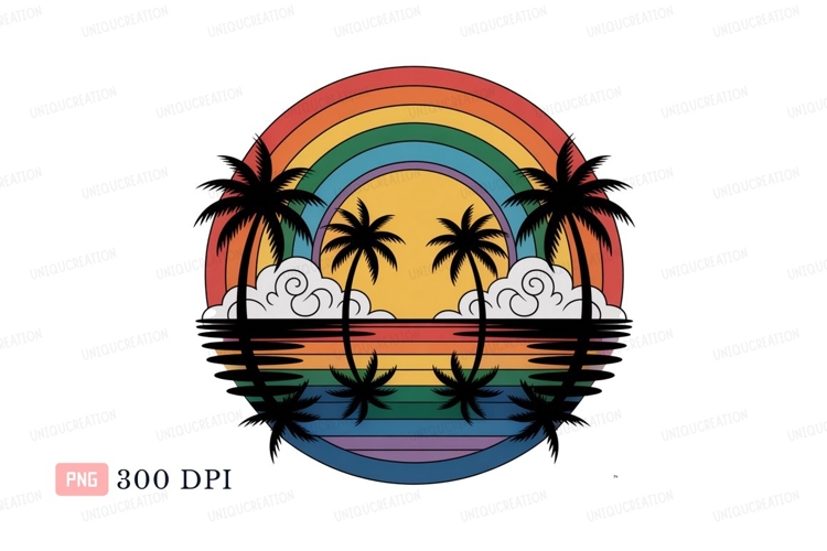 Tropical sunset rainbow palms ocean