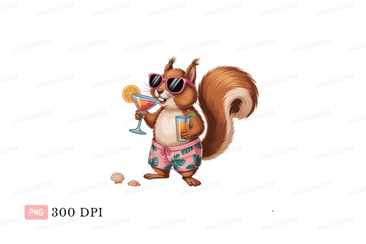 Squirrel wearing sunglasses and shorts holding drinks