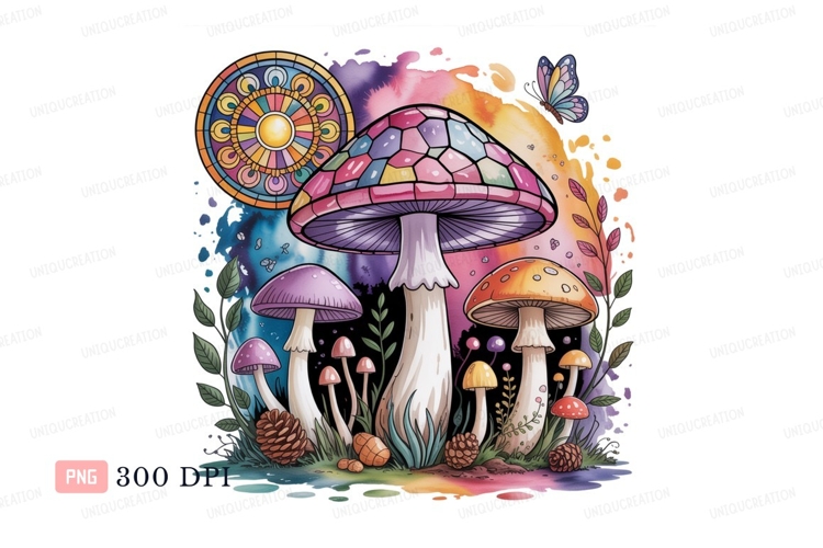 Psychedelic mushrooms stained glass butterfly fantasy