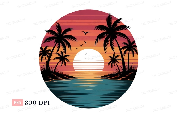 Tropical sunset ocean view palm trees