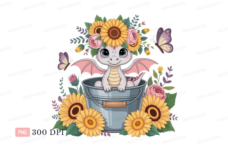 Cute dragon with sunflowers and butterflies fantasy
