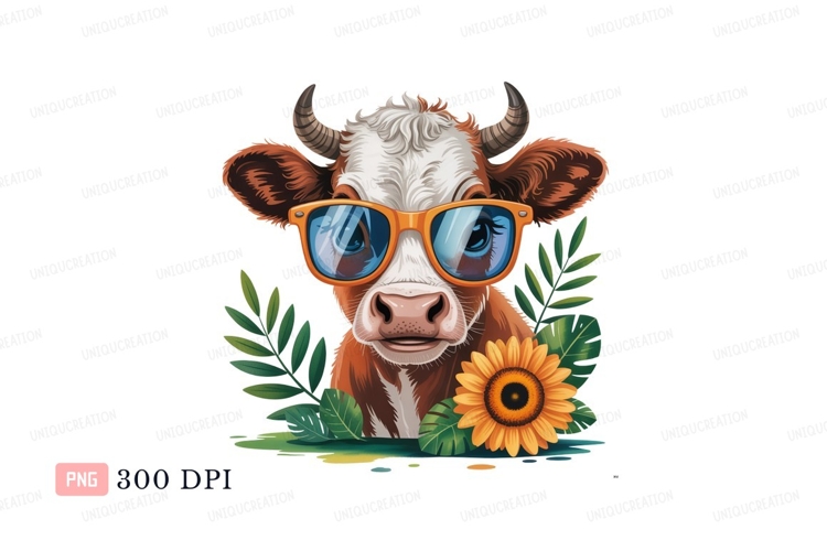 Cool cow wearing sunglasses with sunflower leaves cartoon