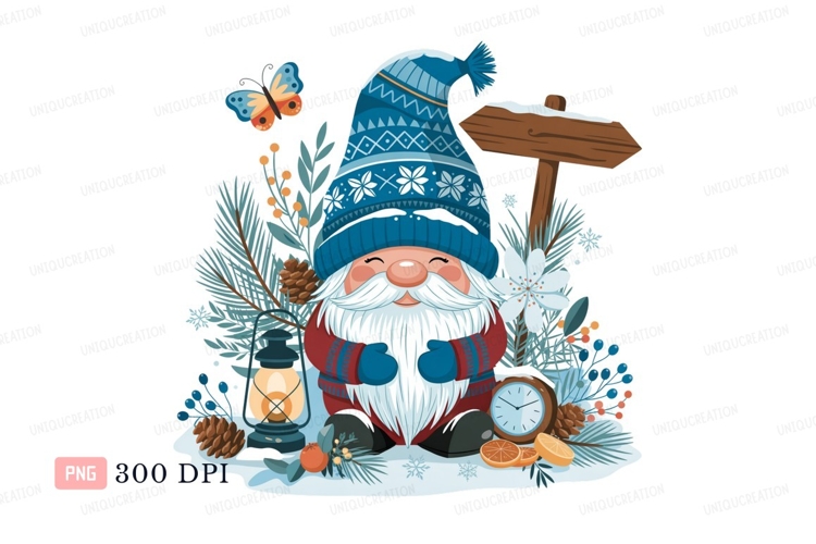 Cheerful gnome winter scene with butterfly pinecone