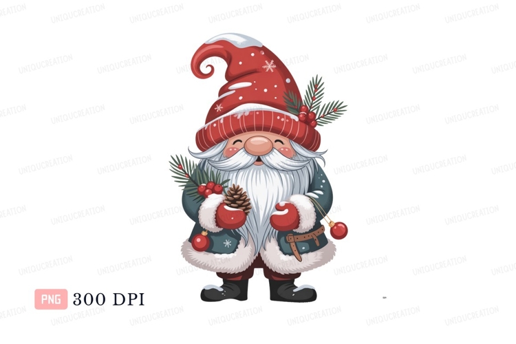 Cheerful gnome with winter decorations christmas white
