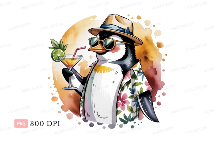Penguin wearing hat and sunglasses holding cocktail