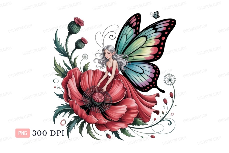 Fairy perched on red poppy with butterfly wings flower