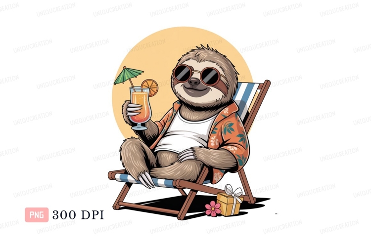 Relaxing sloth with tropical drink animal cartoon