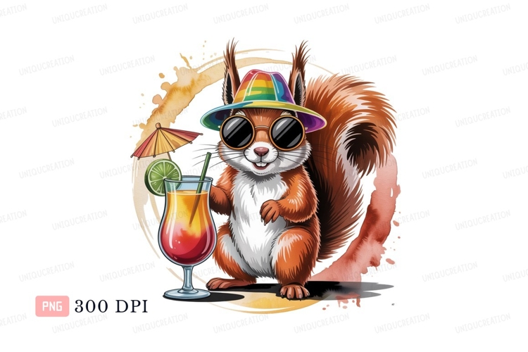 Cheerful squirrel with colorful hat and cocktail animal