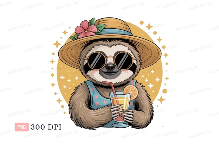 Sloth wearing hat and sunglasses holding drink summer