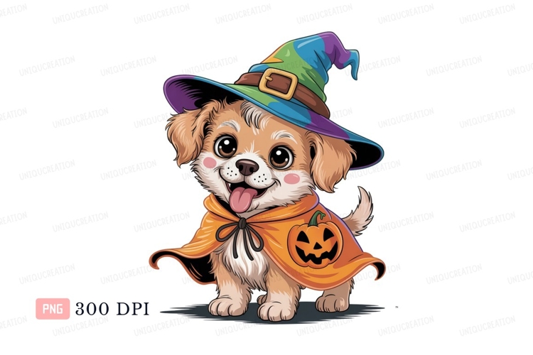 Cute puppy wearing witch hat and pumpkin cape halloween