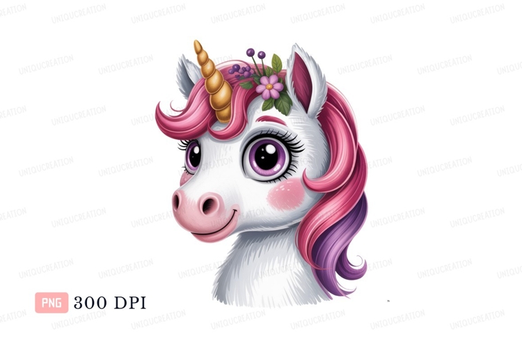 Adorable unicorn with pink mane and purple eyes fantasy
