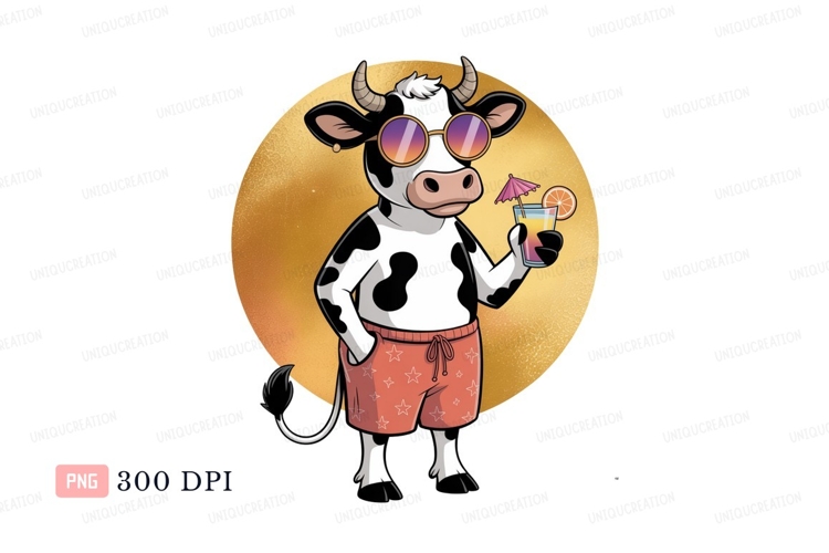 Black white cow wearing sunglasses and shorts holding drink
