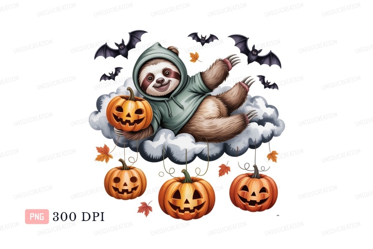 Sloth Halloween cloud pumpkins bats image