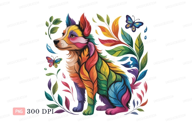 Colorful canine surrounded by foliage and butterflies