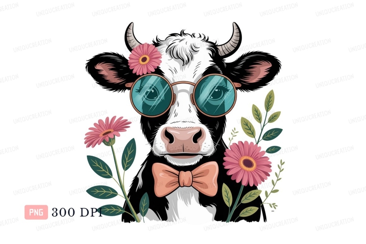 Cow wearing glasses and bow tie with flowers image
