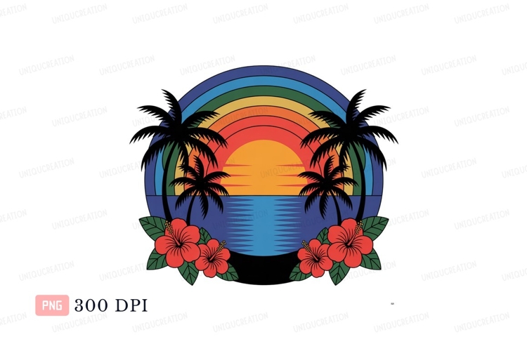 Tropical sunset rainbow ocean palms hibiscus image