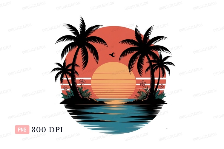Tropical sunset ocean palms beach