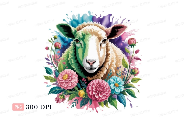 Sheep surrounded by colorful flowers and paint splashes