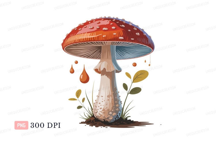 Red mushroom with white spots and dripping liquid image