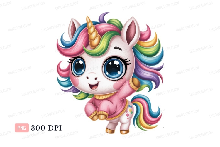 Cute unicorn waving with rainbow mane horn