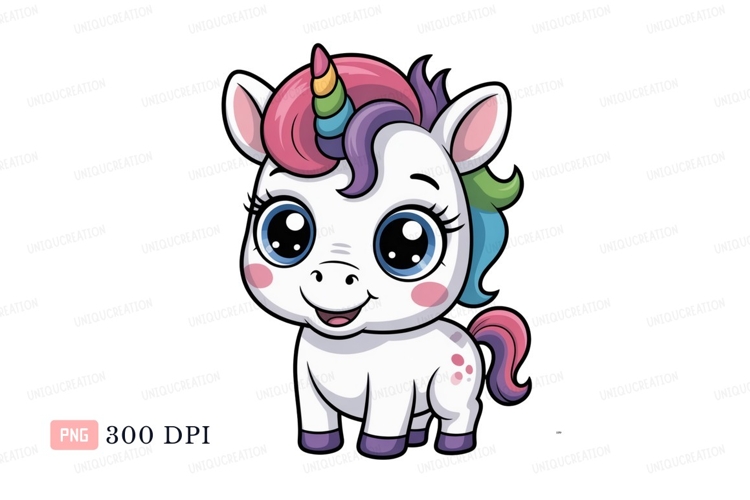 Cute cartoon unicorn with rainbow horn fantasy magical