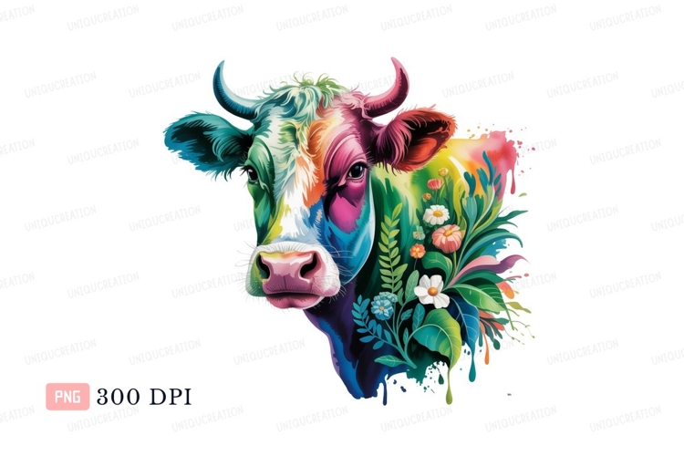 Colorful cow adorned with flowers plants artistic