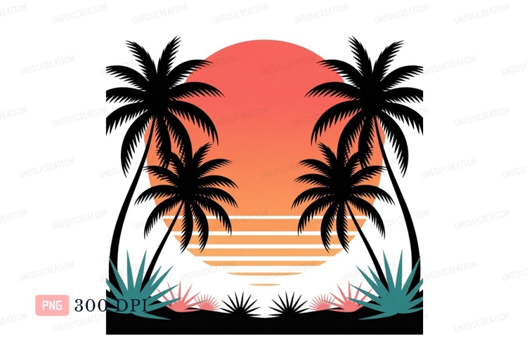 Sunset palms ocean retro vibe vintage