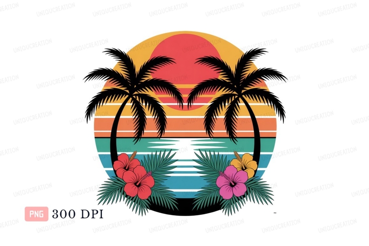 Tropical sunset palm trees hibiscus flowers image