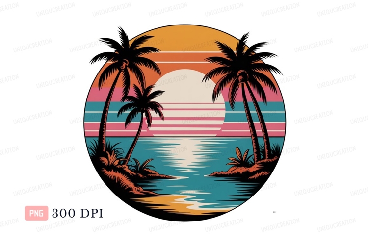 Tropical sunset ocean palms beach retro