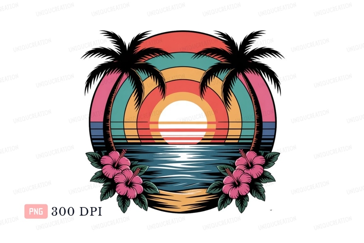 Tropical sunset beach scene with palms and hibiscus