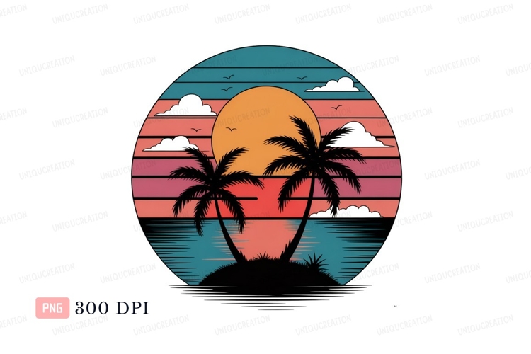 Tropical sunset island palm trees ocean