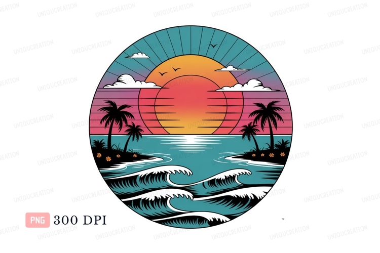 Tropical sunset ocean waves palm trees image